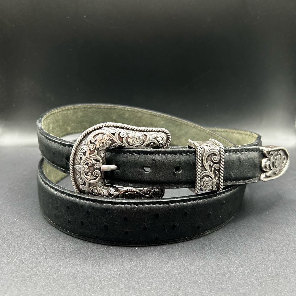 VTG Western Black Leather Ostrich Embossed Belt with Silver Buckle 50”
